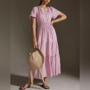 Anthropologie Somerset Maxi Dress Linen Blend M • Puff Sleeve Tiered Boho Chic